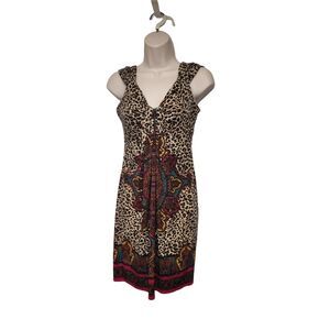 London Times Dress Women's Size 4P Tan Black Boho Animal Print Ladies Sleeveless